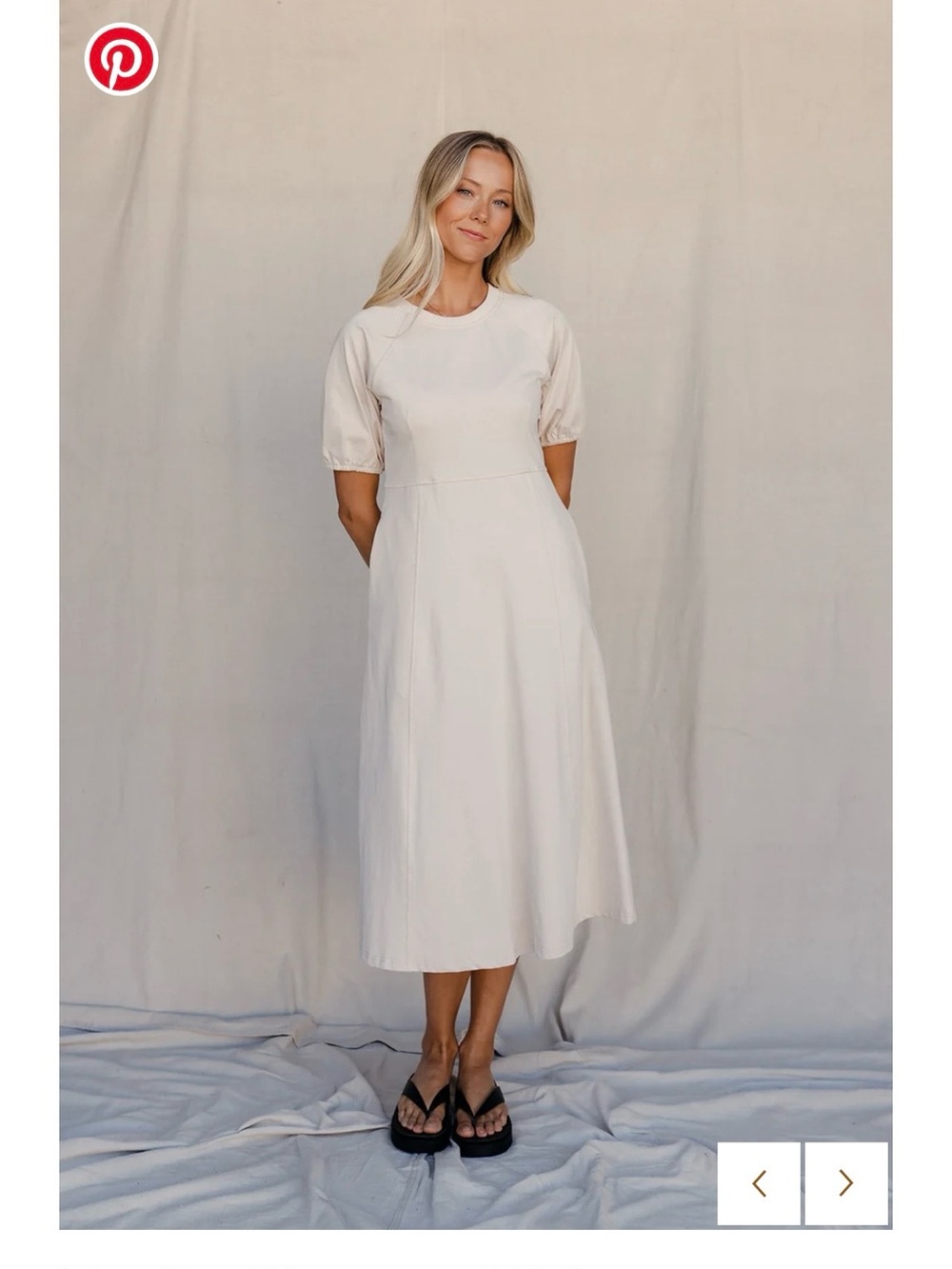 Roolee Cream Midi Dress with Puff Sleeves